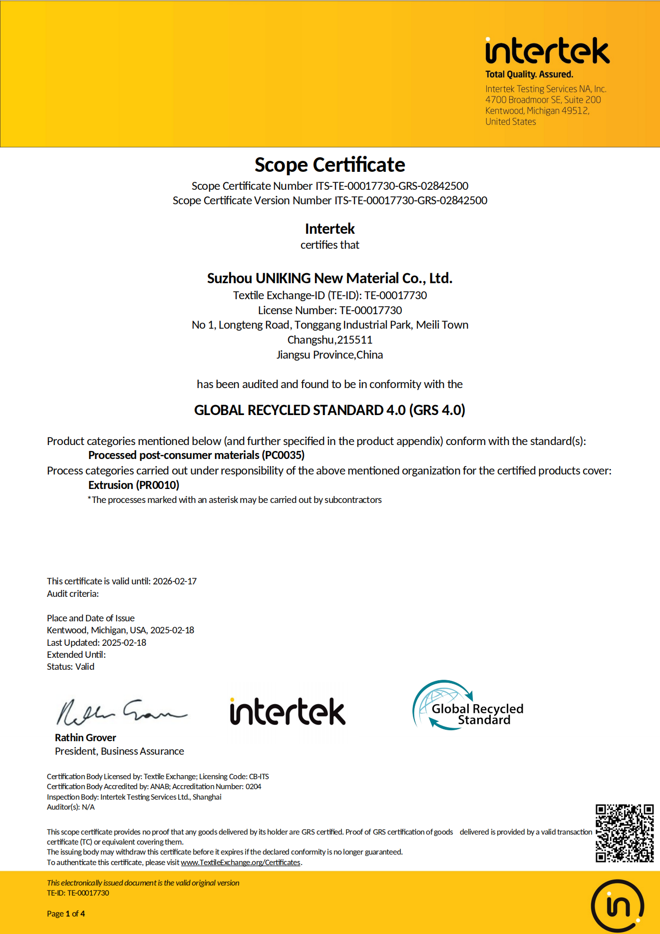 SC-GRS-Certificate v.4.0-Suzhou UNIKING New Material Co., Ltd.-00_00